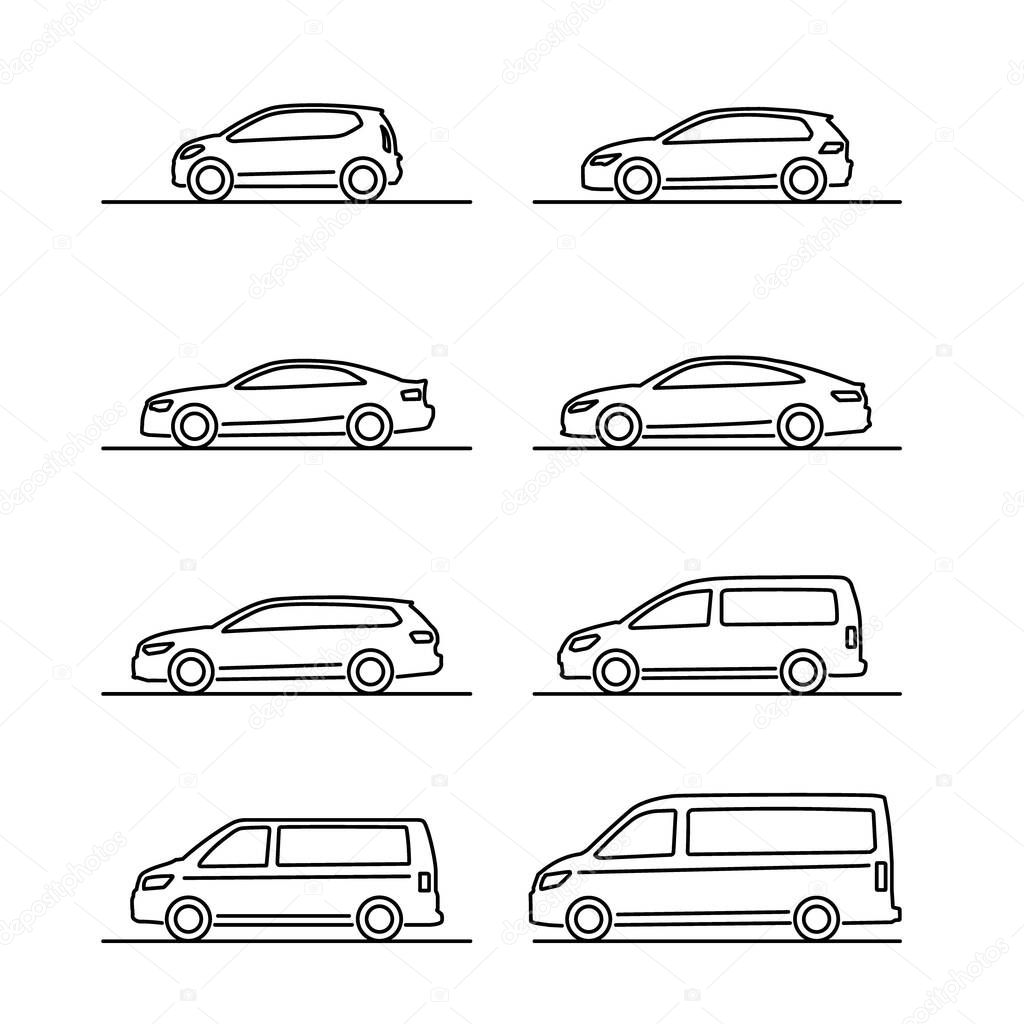 Set of simple thin line cartoon vehicles icons viewed from the side. The set includes small, medium and large cars, including vans.
