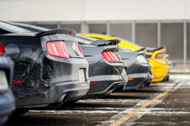 Brno, Çek Cumhuriyeti - 31 Aralık 2025: arabaların arkası. Açık havada park edilmiş Amerikan spor arabaları..