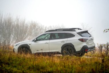 Brno, Çek Cumhuriyeti - 12 Kasım 2025: Beyaz Subaru Outback aile arabası sonbaharda siste bir yerden diğerine gidiyor. Japon arazi aracı..