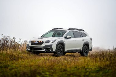 Brno, Çek Cumhuriyeti - 12 Kasım 2025: Beyaz Subaru Outback aile arabası sonbaharda bir arazide siste duruyor. Japon üretimi off-road SUV doğada.