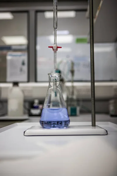 Analytical chemistry titration equipment. Laboratory glassware in a science lab