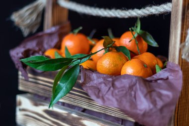 Mandalina, mandalina, mandalina, ahşap sepette yaprakları olan narenciye. Siyah arka plan. Yukarıdan görüntüle.