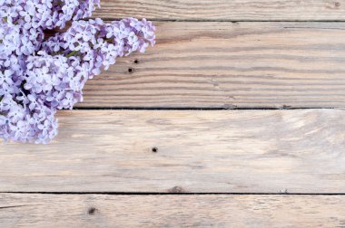 Eflatun çiçekler kopya alanı ile ahşap arka plan üzerinde. Çiçek tebrik kartı