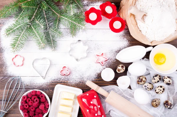 Ingredienti per cucinare la cottura natalizia. Sfondo natalizio. Cucinare per la cena festiva . — Foto Stock