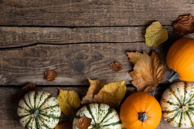 Balkabaklarının şenlikli sonbahar dekoru ve kırsal ahşap arka planda sonbahar yaprakları. Şükran Günü ya da Cadılar Bayramı kavramı. Kopya alanı olan düz sonbahar kompozisyonu