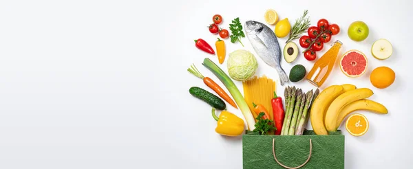 Alimentation Saine Fond Aliments Sains Dans Sac Papier Poisson Légumes — Photo