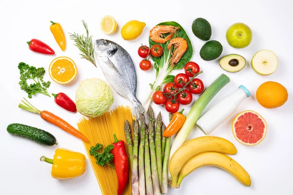 Gesunde Ernährung Hintergrund Gesunde Nahrung Fisch Garnelen Gemüse Und Obst — Stockfoto