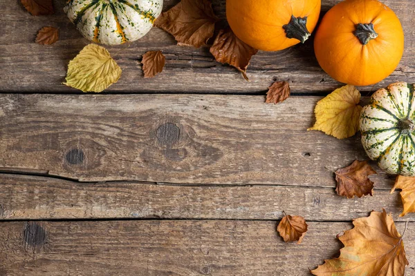 Decoración Festiva Otoño Calabazas Hojas Otoño Sobre Fondo Rústico Madera — Foto de Stock