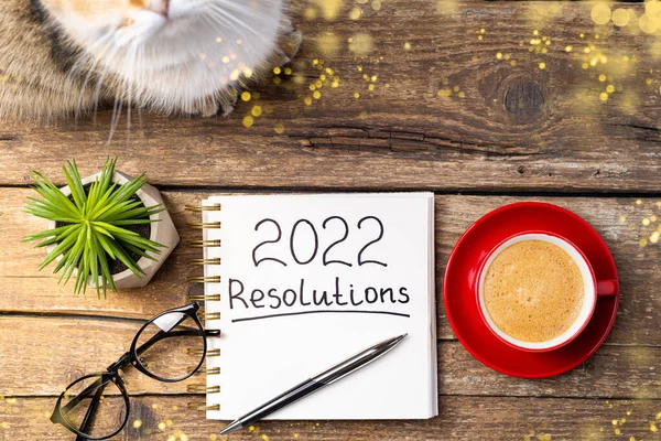 Nyårslöften 2022 Skrivbordet 2022 Resolutioner Med Anteckningsbok Söt Katt Kaffekopp — Stockfoto