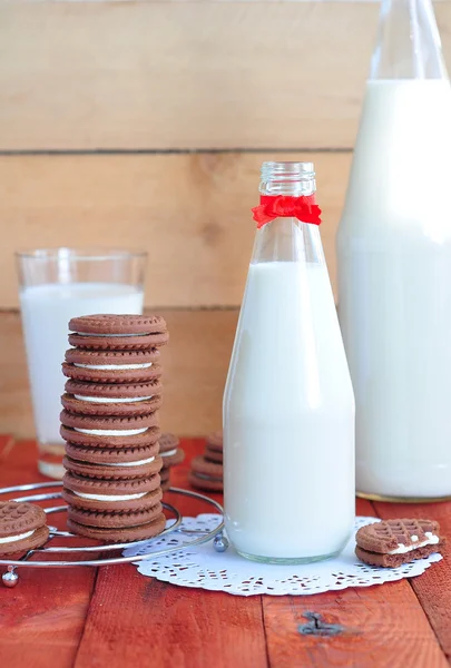 Latte in bottiglia e biscotti al cioccolato — Foto Stock
