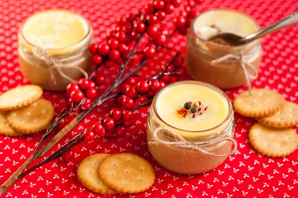 Pate med smör och kex på röd textil bakgrund — Stockfoto