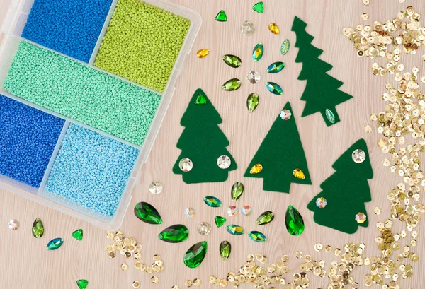 Christmas card. Beads, accessories for needlework and christmas 