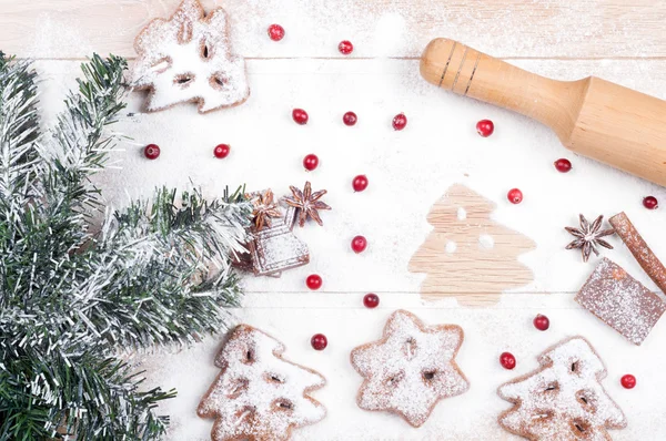 Baking cookies. Flour, chocolate, cranberries, cinnamon, anise, — Stock Photo, Image