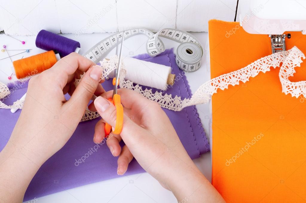 Sewing and making clothes on the sewing machine. Set of sewing a