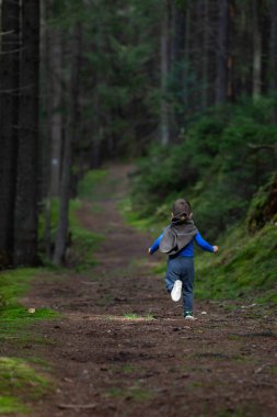 Küçük bir çocuk kozalaklı ormanda yolda koşuyor.