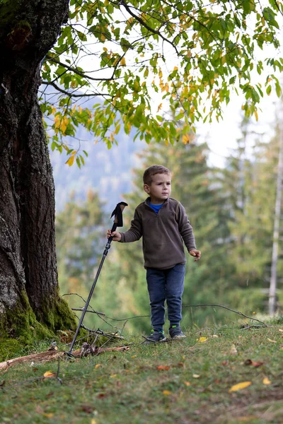 Niño Sosteniendo Bastón Trekking Imagen De Stock