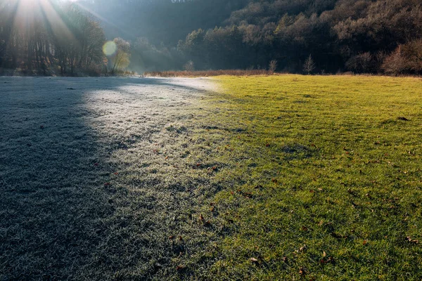 Hierba Con Heladas Matutinas Otoño Hoarfrost Derrite Gradualmente Sol Imagen De Stock