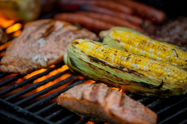 Hot dogy, steaky a lososa na grilu — Stock fotografie