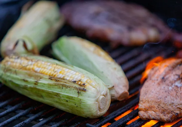 Hotdogs, Steaks und Lachs auf dem Grill — Stockfoto