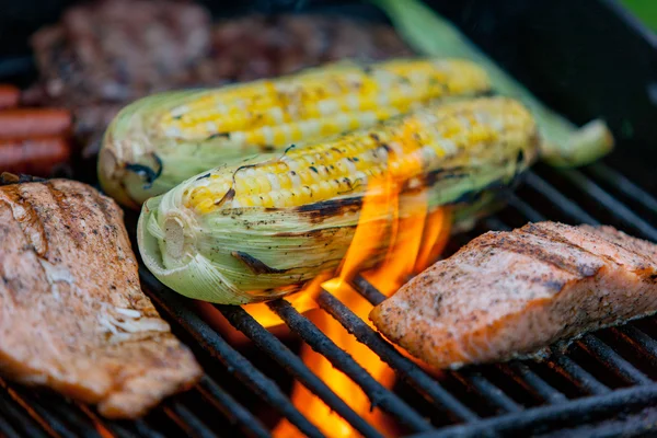 Hot-dogi, steki i łososia na grill — Zdjęcie stockowe