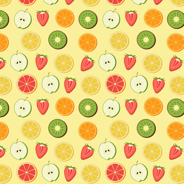 シームレスなパターンフルーツレモンオレンジアップルキウイストロベリーフード ベクトル — ストックベクタ