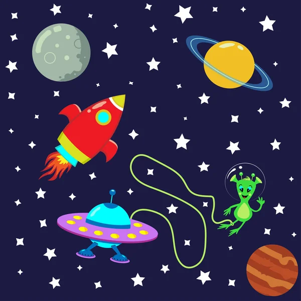 Illustration Space Rocket Flying Saucer Alien Planets Starry Sky Vector — Stock Vector