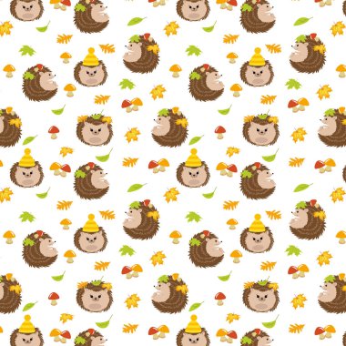 Kusursuz desenli kirpiler, sonbahar. Vektör, Çizgi film. İllüzyon. Sanat