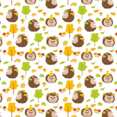 Kusursuz desenli kirpiler, sonbahar. Vektör, Çizgi film. İllüzyon. Sanat