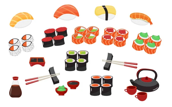 Vector Sushi Icons Set Japanese Food Illustration Seafood Sushi Rolls — Stock Vector