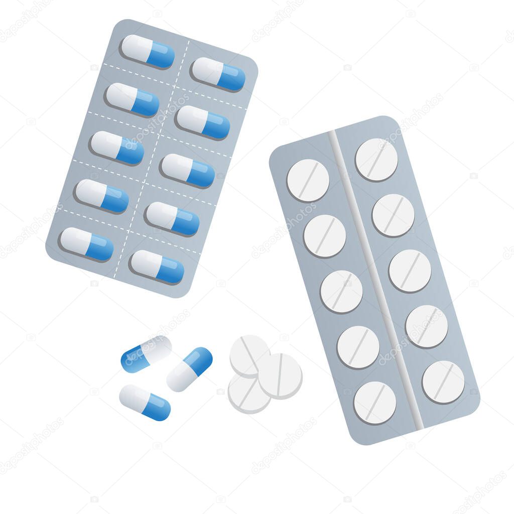 medical set of elements. Pills, medications, antibiotic, vitamin, aspirin, pharmacy set