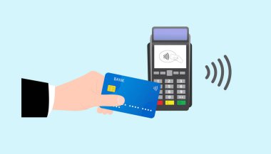 Vektör ödeme makinesi ve kredi kartı. POS terminali ödemeyi banka kartı ve fatura ile doğruladı. Düz tasarımda vektör illüstrasyonu. NFC ödeme konsepti. NFC izometrik ödeme kavramı