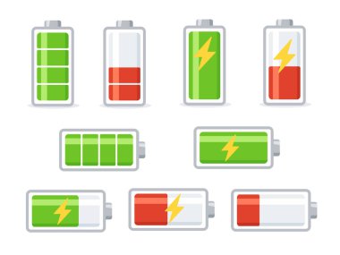 Batarya Yükleme Seviyesi Simgeleri Düz Vektör Biçiminde Ayarlandı. Batarya şarj seviyesi simgeleri tam, orta ve düşük güç seviyelerini gösteriyor. Gölgeli düz vektör tasarımı, UI, uygulamalar, web arayüzleri, bilgi grafikleri ve enerjiyle ilgili kavramlar için uygun.