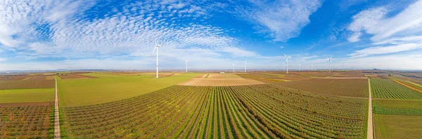 Panoramatické Letecké Snímky Větrné Farmy Německu Během Dne Modrou Oblohou — Stock fotografie