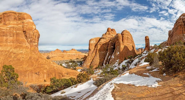 Panorámás Kép Természeti Geológiai Csodák Arches Nemzeti Park Utah Télen — Stock Fotó