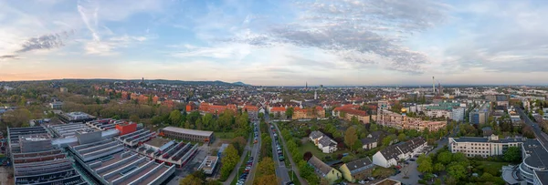 Drone panorama of the Hessian university city Darmstadt in Germany in the morning light