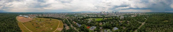 Drone panorama over the Frankfurt skyline taken from the south during an approaching thunderstorm