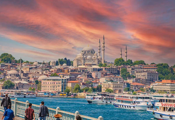 Imagem Mesquita Sultão Ahmed Ponte Galata Brilho Noite — Fotografia de Stock