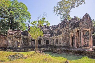 Ancient temple ruins with trees and fallen stones near Angkor Wat Cambodia no people visible