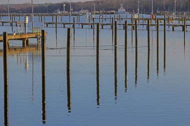 Dikey marina kutupları sakin liman suyuna yansıyarak minimalist bir kompozisyon oluşturur..
