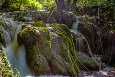 Hırvatistan 'daki Plitvice Gölleri Ulusal Parkı' nda küçük yosun örtülü şelale