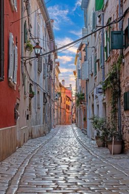 Rovinj limanında demirlemiş küçük tekneler renkli eski kasaba ve Hırvatistan 'da günbatımı gökyüzü ile