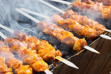 Arka planda barbekü yemekleri, kapatın.