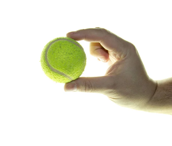 Mano Sosteniendo Pelota Tenis Sobre Fondo Blanco — Foto de Stock