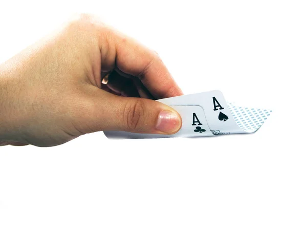 Karty Pokera Chips Ręku — Zdjęcie stockowe