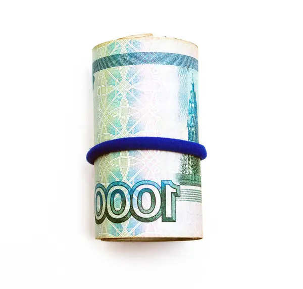 Pacote Notas Russas 1000 Rublos Uma Lata Oval Caminho Recorte — Fotografia de Stock
