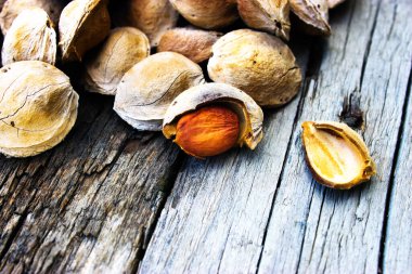 Çuval bezinde ve tahta tahtalarda kayısı çekirdeği