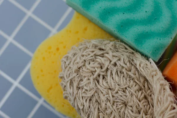 closeup of cleaning supplies on table. Household concept