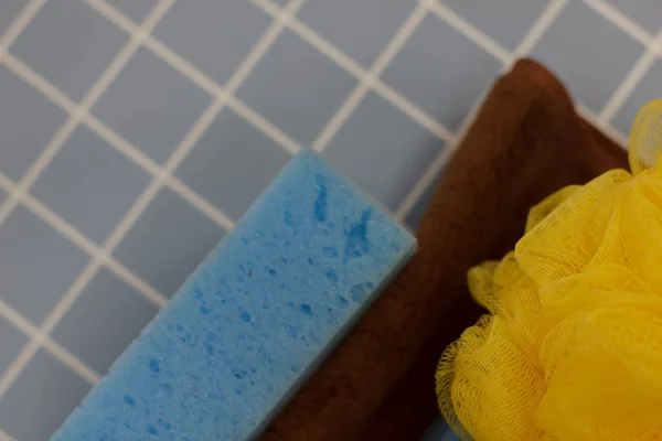 closeup of cleaning supplies on table. Household concept