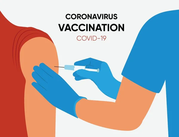 Covid-19 Aşılama Vektör İllüstrasyonu. Doktor silaha iğne yapıyor. Koronavirüs kovid 19 aşısını aşı şırıngasıyla kol kaslarına enjekte eden tıbbi personelin eli. covid-19 aşılama