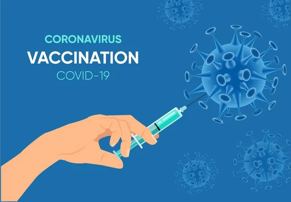 Aşılama pankartı. Coronavirus aşısı ile el ele tutuşma şırıngası. Virüs koruma konsepti. Modern Vektör illüstrasyonu. Sars hastalığı veya Covid-19 aşı aşı şırıngası.